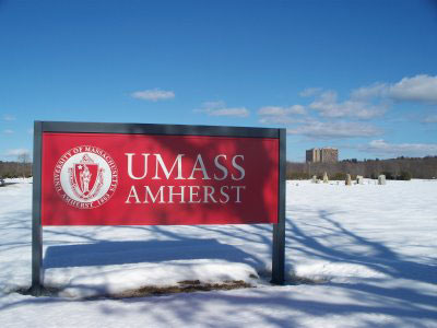 UMass Amherst sign in snow